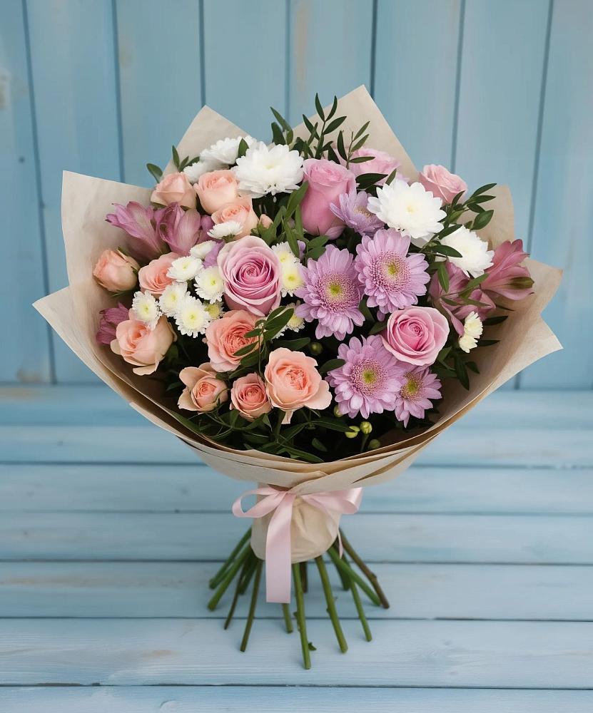 Букет цветов из: Хризантемы, Розы и Альстромерии в Старокучергановке