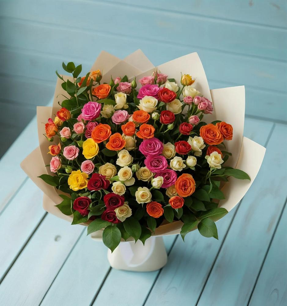 Букет Микс из разноцветных кустовых роз в Старокучергановке