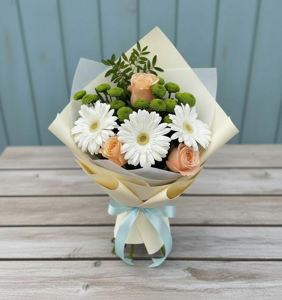 Букет цветов из: Герберы, Розы и Хризантемы в Старокучергановке