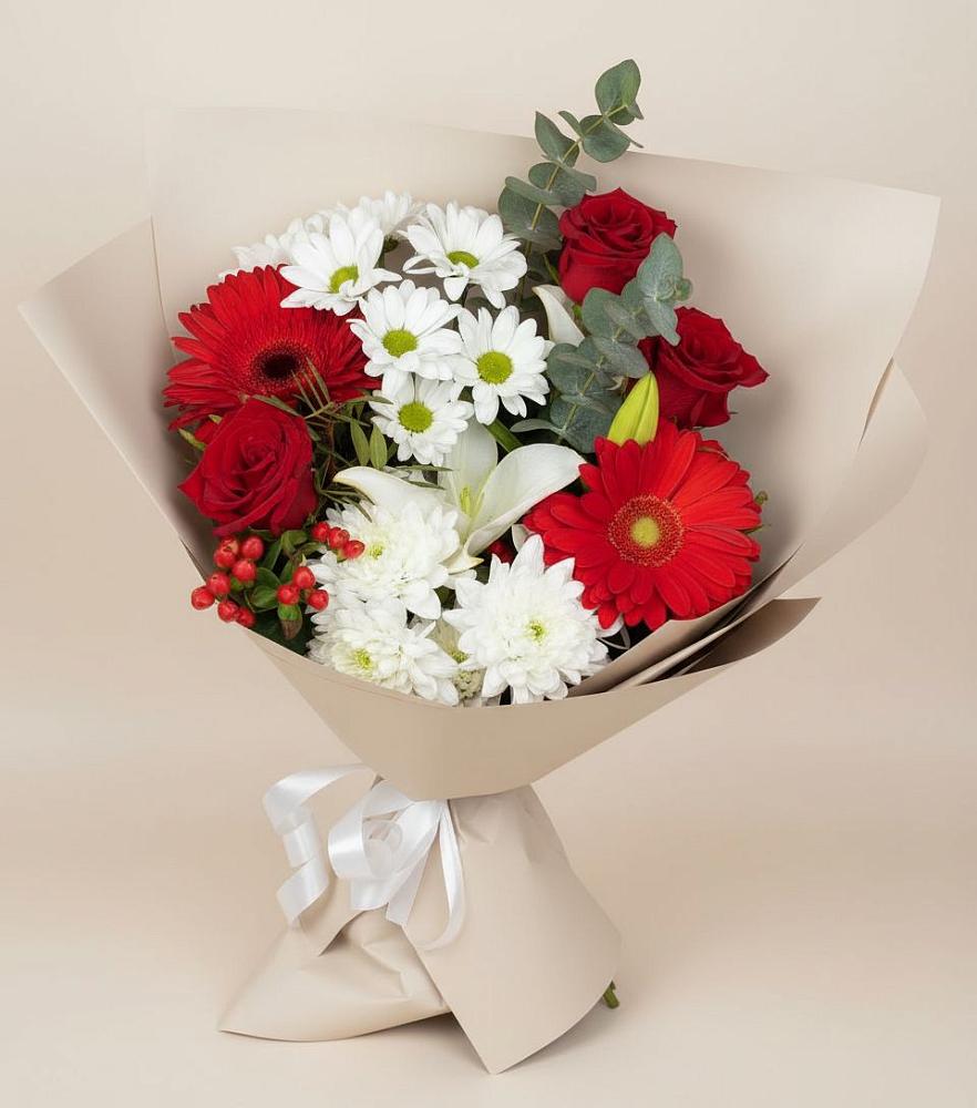 Букет цветов из: Розы, Хризантемы, Герберы и Лилии в Старокучергановке