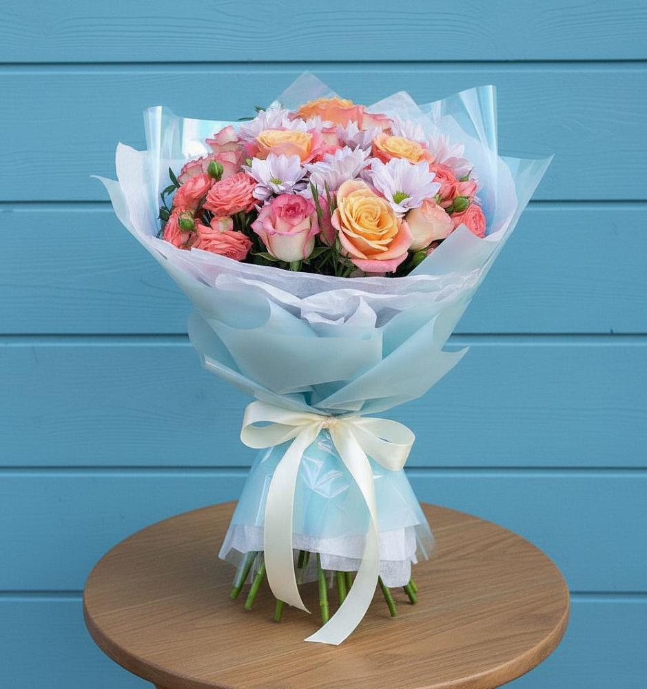 Букет цветов из: Хризантемы и Розы в Старокучергановке