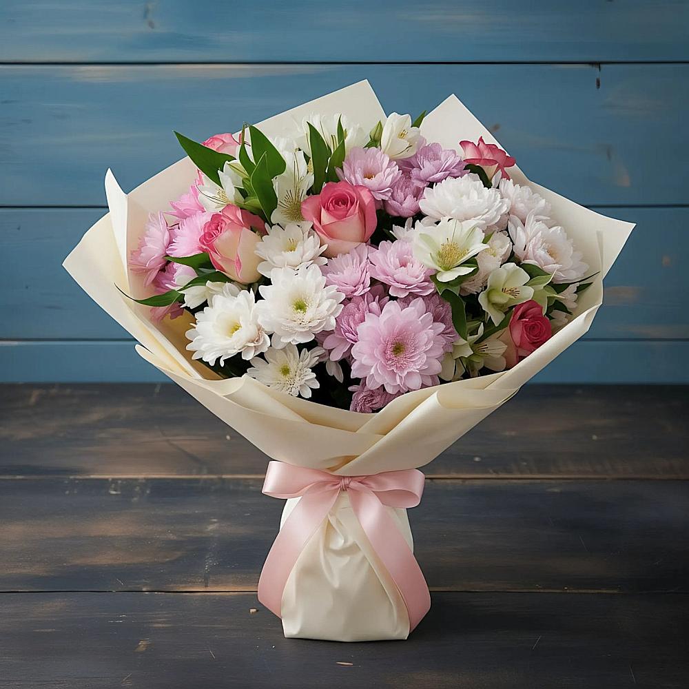 Букет цветов из: Хризантемы, Альстромерии и Розы в Старокучергановке